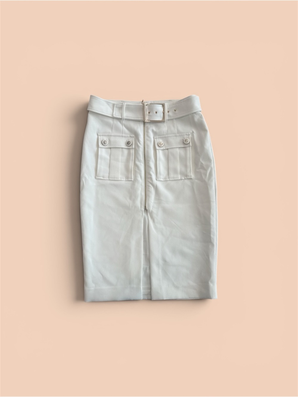 White House Black Market White Belted Pencil Skirt with Front Flap Pockets - Picture 4 of 5